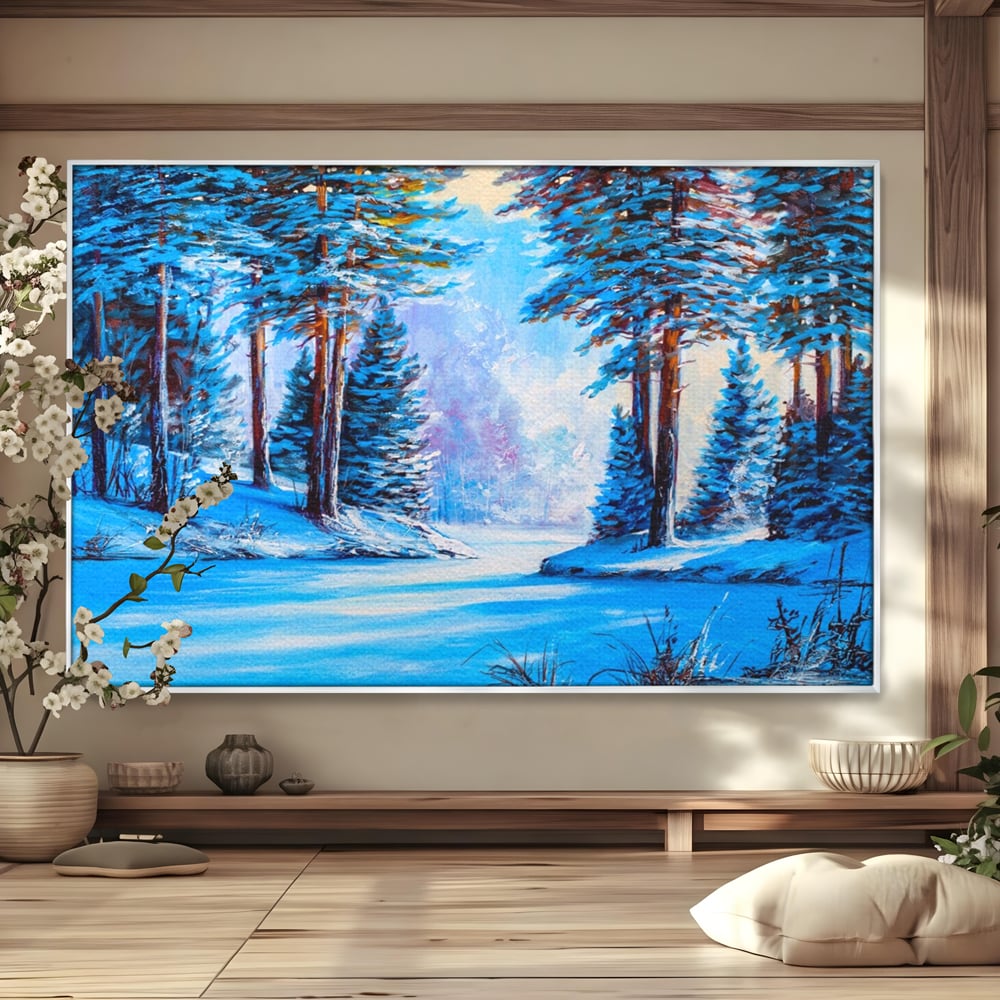 Tablou canvas cu pictura peisaj de iarna cu padure si zapada, in rama de aluminiu argintiu